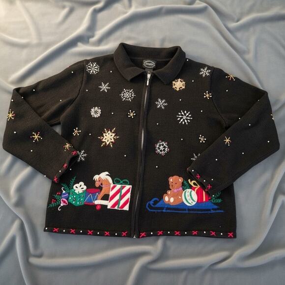 Designers Originals Studio Sweaters - Designers Originals Studio Medium Christmas Santa Black Full Zip Beaded Cardigan